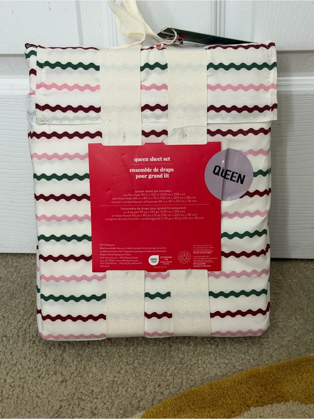 Queen Sheet Set in Off White with Pink, Green & Burgundy Wave Stripes
